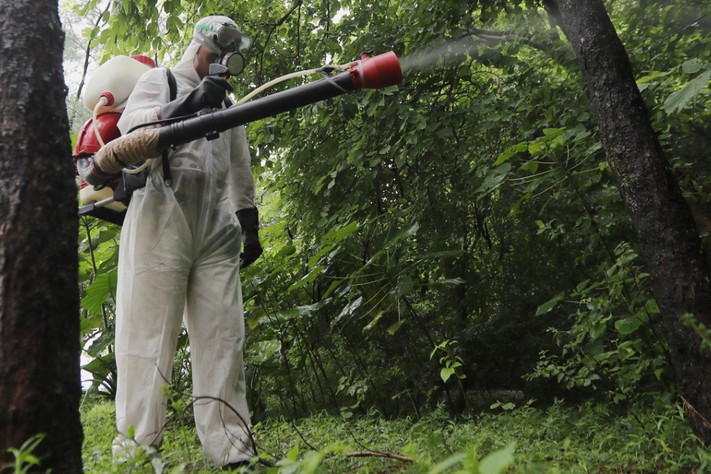 A government worker sprays mosquito killer on Cheung Chau, where two dengue fever cases were confirmed. Photo: Edward Wong