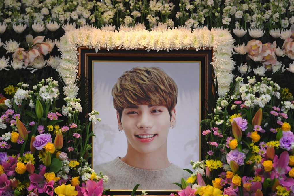 A mourning altar for Kim Jong-Hyun, 27, the lead singer of the hugely popular K-pop boy band SHINee, at a hospital in Seoul on December 19, 2017. In his suicide note, “Jonghyun” had spoken of feeling “broken from inside” and “engulfed” by depression. Photo: AFP