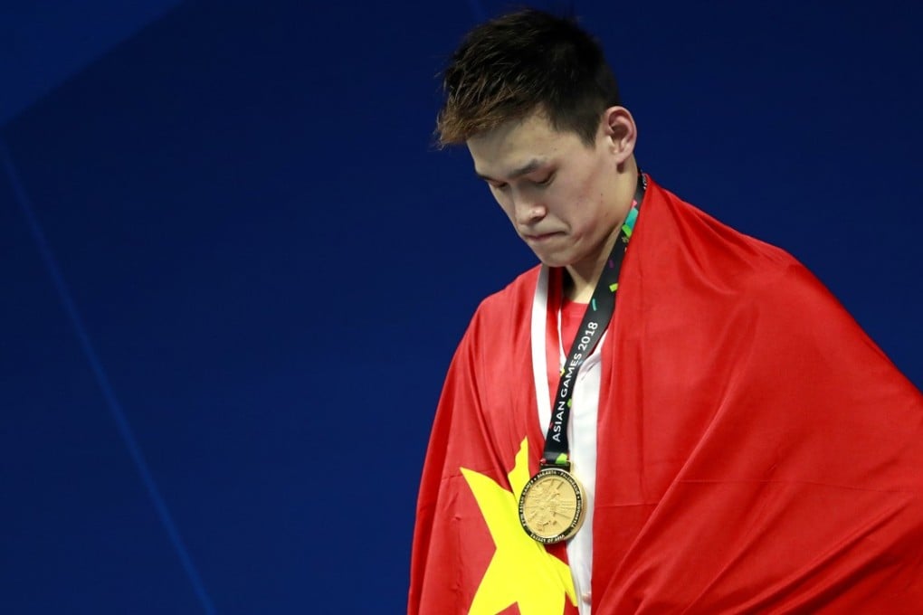 China’s Sun Yang on the podium after winning the gold medal in the men’s 800m freestyle final. Photo: AP