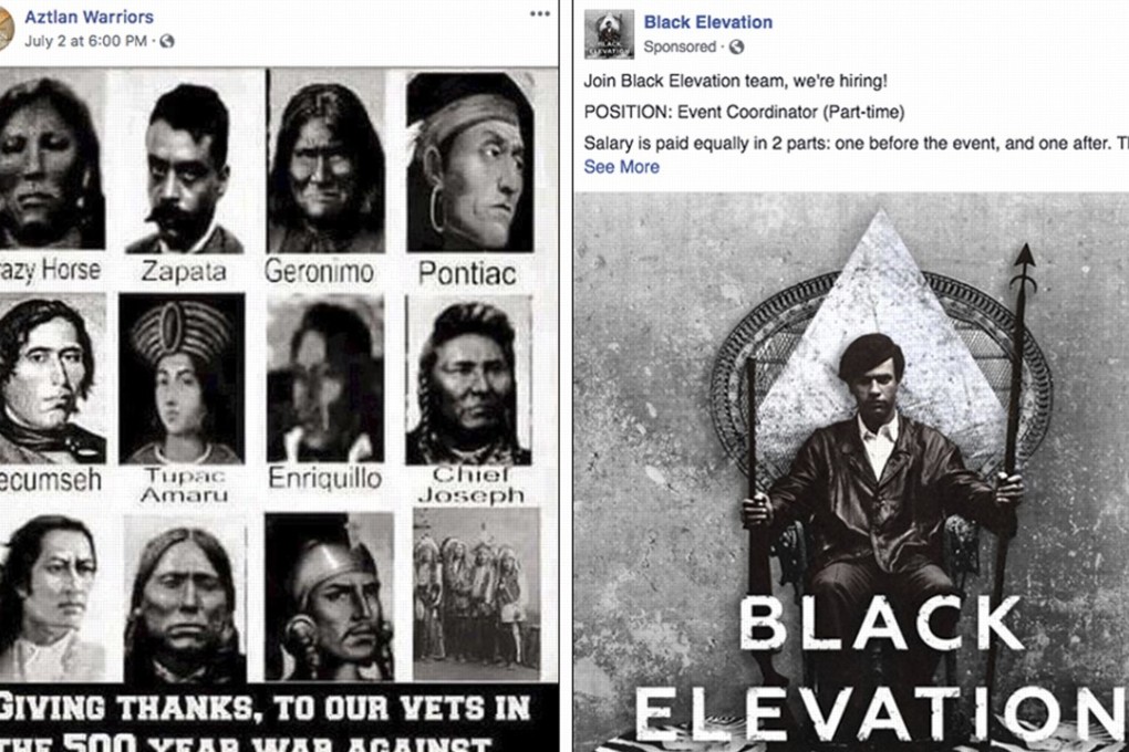 This combination of images provided by Facebook shows examples of content from suspicious accounts possibly linked to Russia with the intention of influencing US politics. Photo: AP