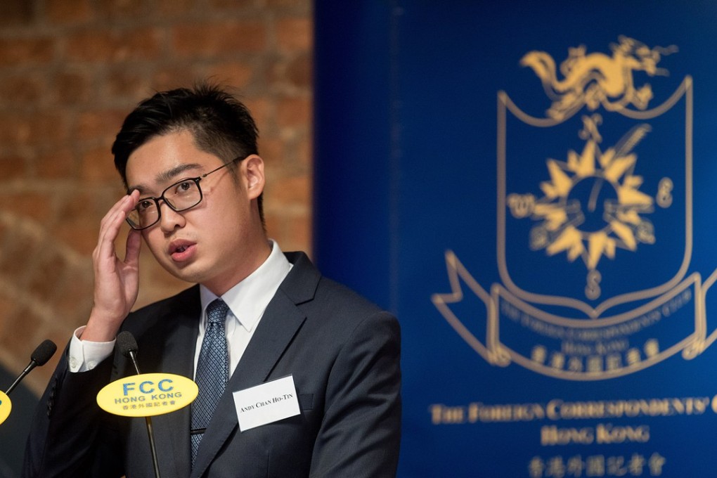 Andy Chan, convenor of the Hong Kong National Party, speaks at the Foreign Correspondents' Club on August 14. Photo: Bloomberg