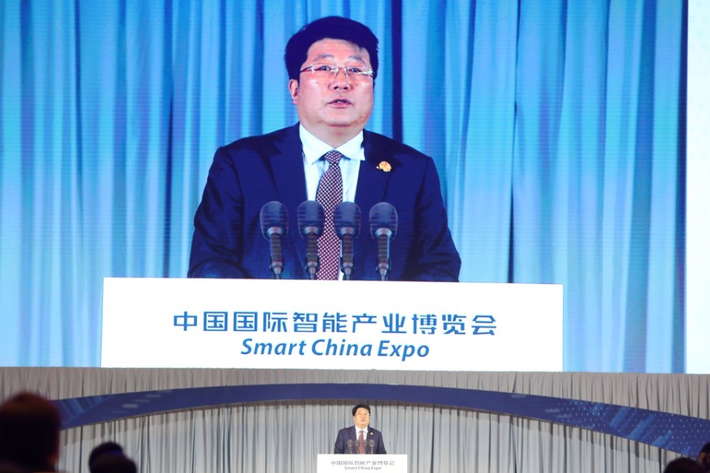 Zhao Weiguo, CEO of Tsinghua Unigroup, speaking at the Big Data and Smart Technology Summit on Thursday. Photo: SCMP/Simon Song
