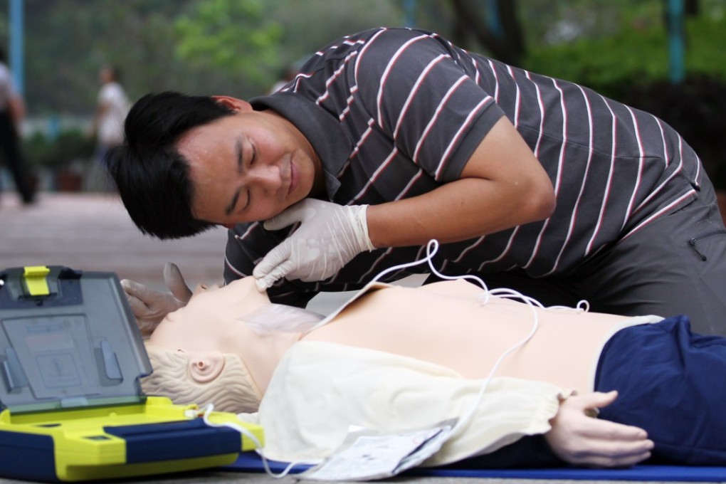 Photo of a Hong Kong Leisure and Cultural Services Department media briefing on the installation of automated external defibrillators (AEDs) at the department’s land-based recreation and sports venues so that persons in need may receive necessary first-aid treatment instantly. Photo: Nora Tam