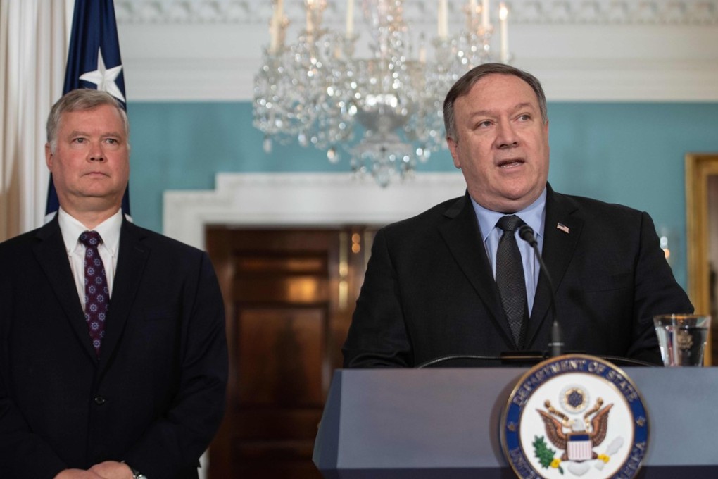 US Secretary of State Mike Pompeo announces Steve Biegun (left) as special representative to North Korea at the State Department in Washington, DC, on Thursday. Photo: AFP