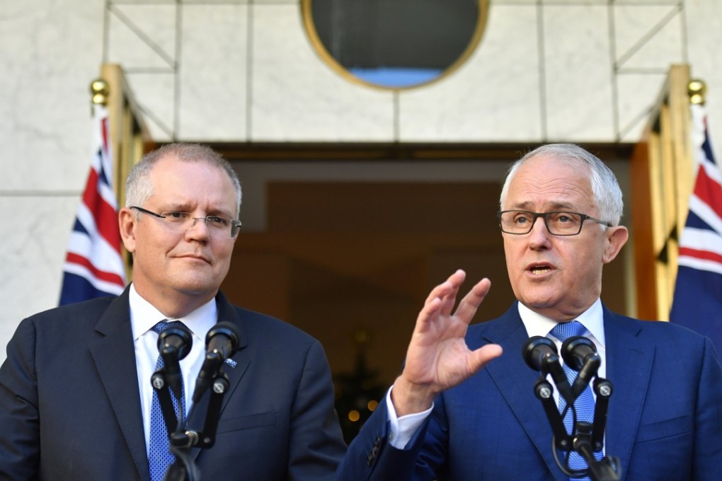 Scott Morrison with Malcolm Turnbull, whom he is replacing as Australian prime minister. Photo: EPA