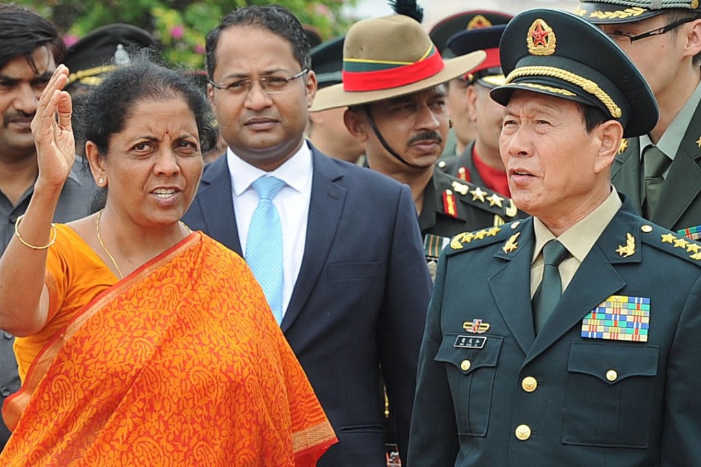 Indian Defence Minister Nirmala Sitharaman (left) talks with her counterpart, the Chinese Defence Minister Wei Fenghe, prior to a meeting in New Delhi. Photo: EPA-EFE