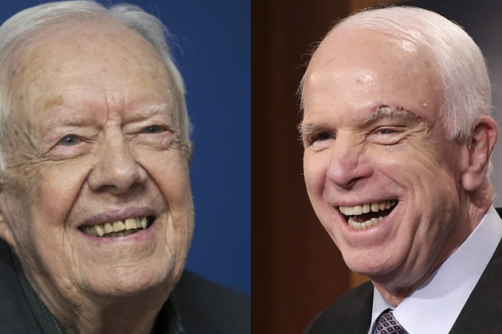 Former US president Jimmy Carter (left) at a book signing in March this year, three years after he was diagnosed with brain cancer, and US Senator John McCain, who died of brain cancer on Saturday. Photos: AFP