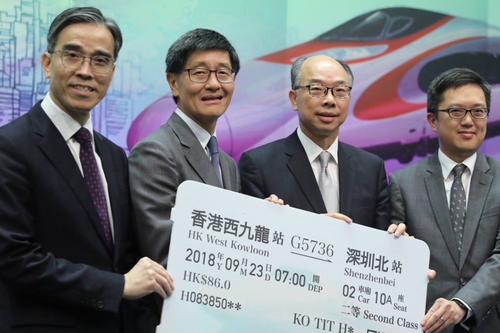 MTR Corp operations director Adi Lau (left), Lincoln Leong, Frank Chan and Kelvin Choi at a press briefing announcing operations details for the express rail link. Photo: Sam Tsang