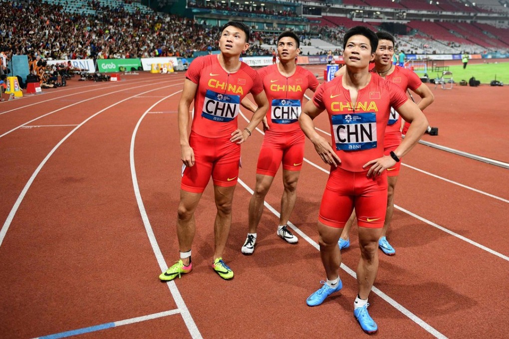 China’s 4x100-metre team react after the men’s final at the Asian Games in Jakarta. Photo: AFP