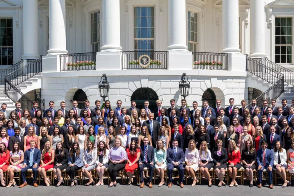 A photo of the White House summer 2018 interns, with US President Donald Trump (centre), has again placed his administration under scrutiny over its commitment to diversity, or lack thereof. Photo: White House