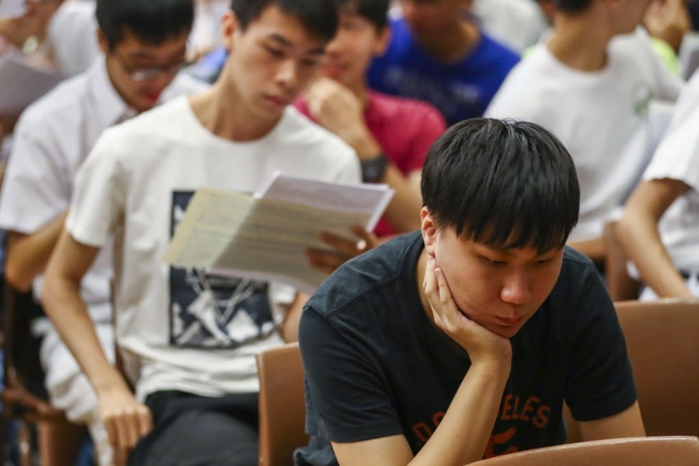 Queen’s College students review their DSE exam results on July 11. The results of the public exam largely determine whether students gain a university place. Photo: Nora Tam