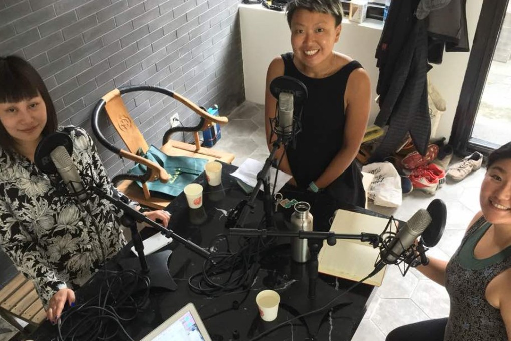 NuVoices co-hosts Alice Xin Liu (centre) and Sophie Lu (right) interviewing novelist Mima on a podcast. Photo: Anthony Tao