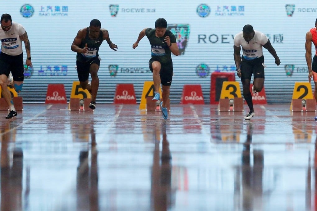China's Su Bingtian (centre) in action during the men's 100m at the 2018 Diamond League meet at Shanghai Stadium. Photo: Reuters