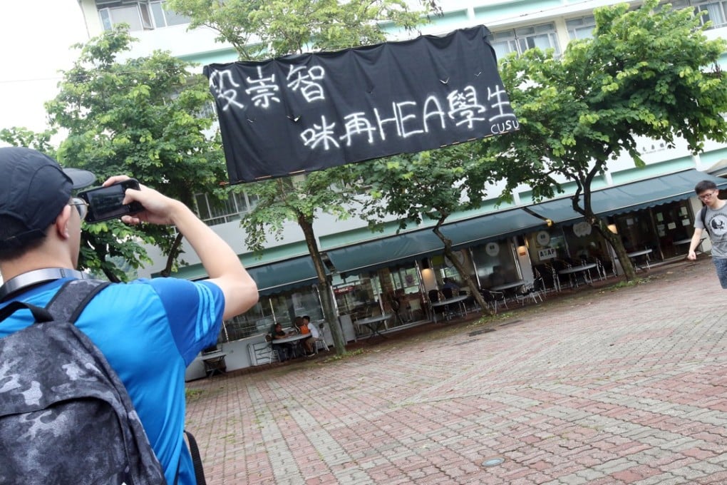 A banner put up by Chinese University’s student union against president and vice chancellor Rocky Tuan is seen on the campus on Monday. Photo: David Wong