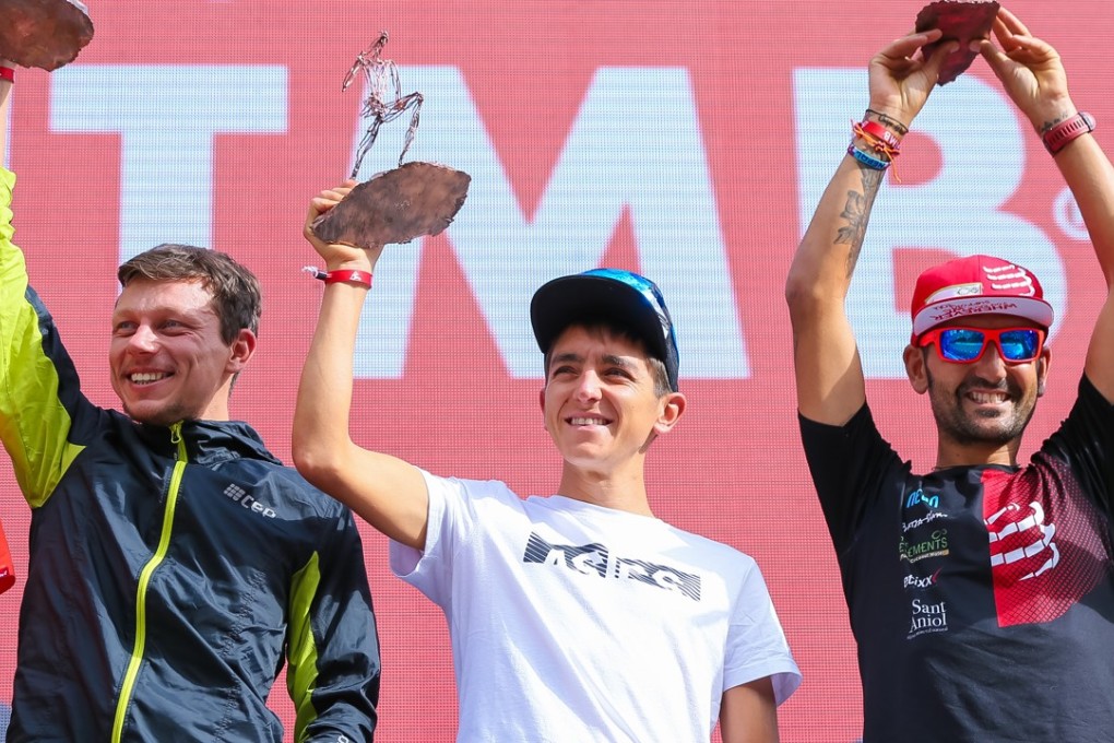 The top three men at UTMB. Xavier Thevenard [centre] has won twice before, but Robert Hajnal [left] and Jordi Gamito were outsiders at best. Photo: UTMB