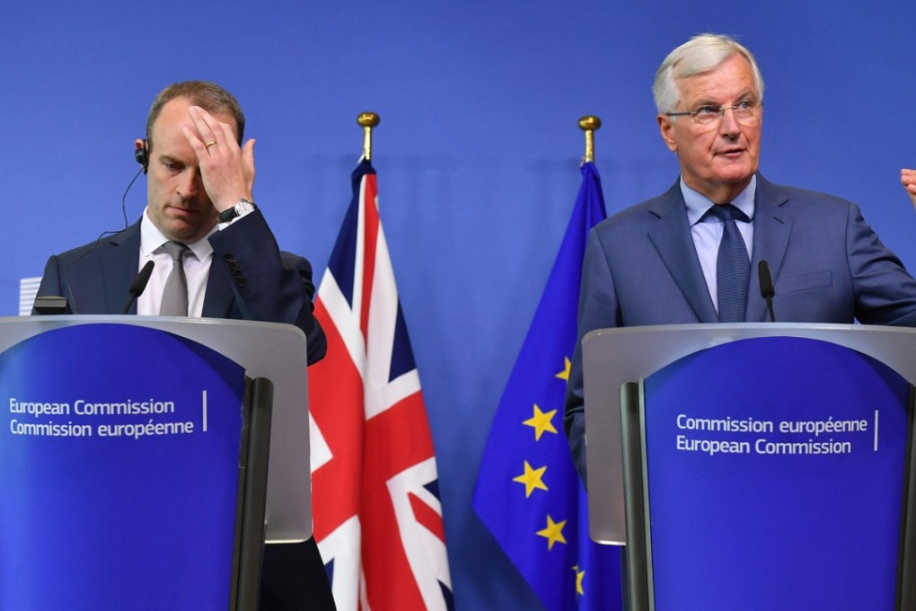 EU Chief Brexit Negotiator Michel Barnier (right) and Britain's Brexit Secretary Dominic Raab give a joint press conference at the European Commission in Brussels on August 31. Photo: Agence France-Presse