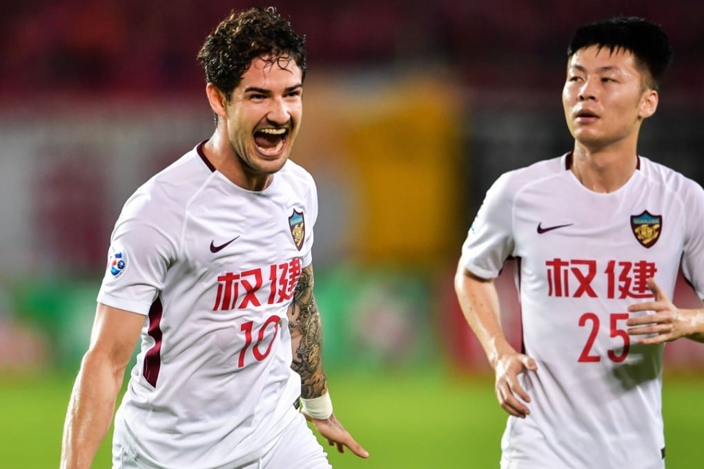 Tianjin Quanjian's Alexandre Pato (10) celebrates after scoring during the 2018 AFC Champions League round of 16 football match against Guangzhou Evergrande. Photo: AFP