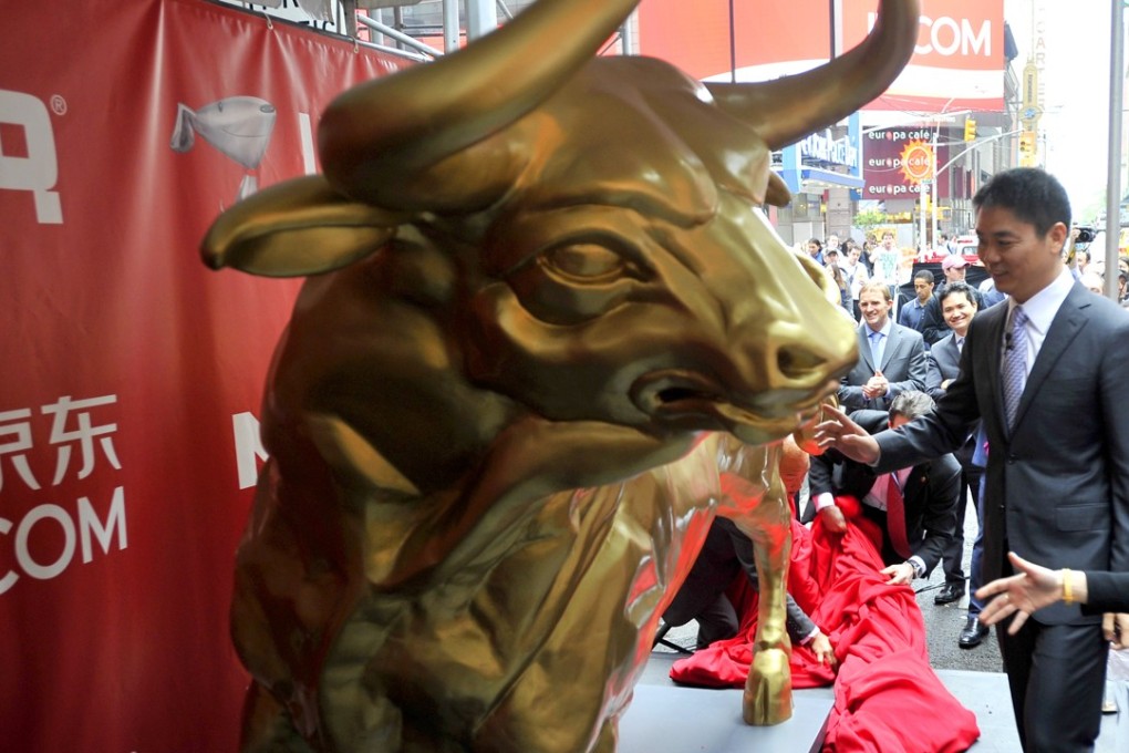 Richard Liu Qiangdong, the founder and CEO of Jingdong (JD.com), at a celebration ceremony in New York on May 22, 2014 marking the successful initial public offering (IPO) of his company on the Nasdaq exchange. Photo: Xinhua