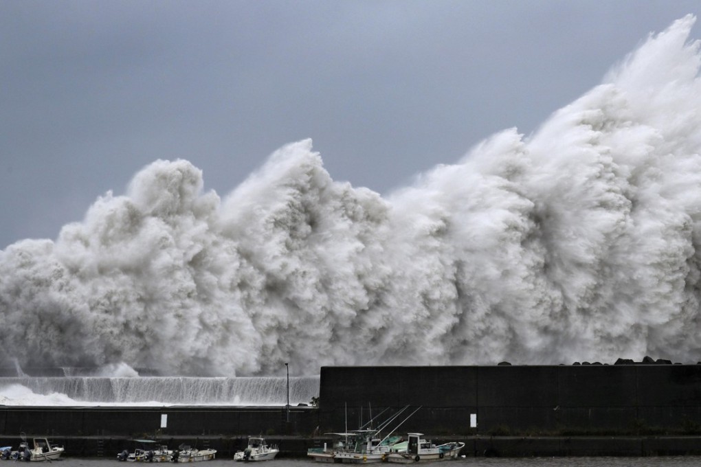 High waves triggered by Typhoon Jebi are seen at a fishing port in Aki, Kochi Prefecture, western Japan on Tuesday. Photo: Kyodo via Reuters
