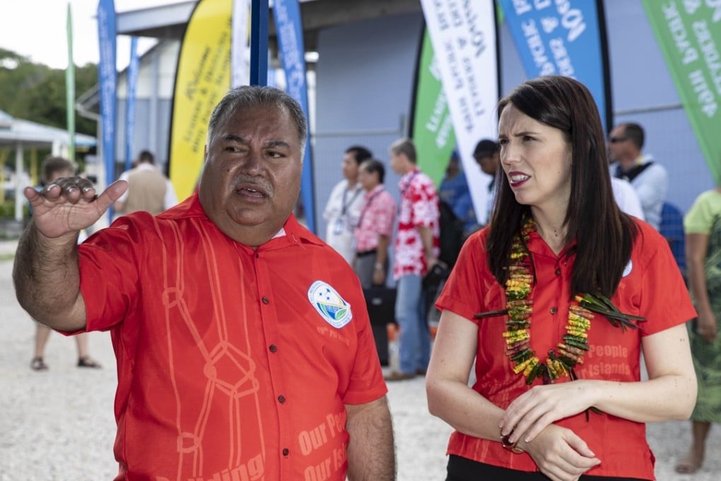 President Baron Waqa greets New Zealand Prime Minister Jacinda Ardern at the Pacific Islands Forum on Wednesday. Photo: The New Zealand Herald
