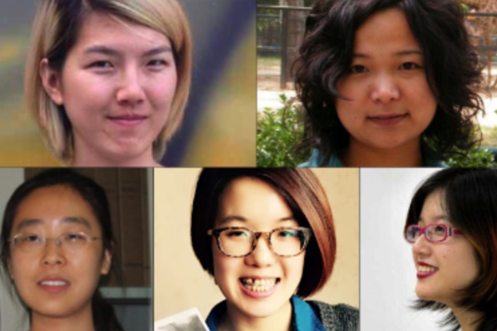 China’s Feminist Five (clockwise from top left) Li Tingting, Wu Rongrong, Zheng Churan, Wei Tingting, Wang Man. Picture: AFP