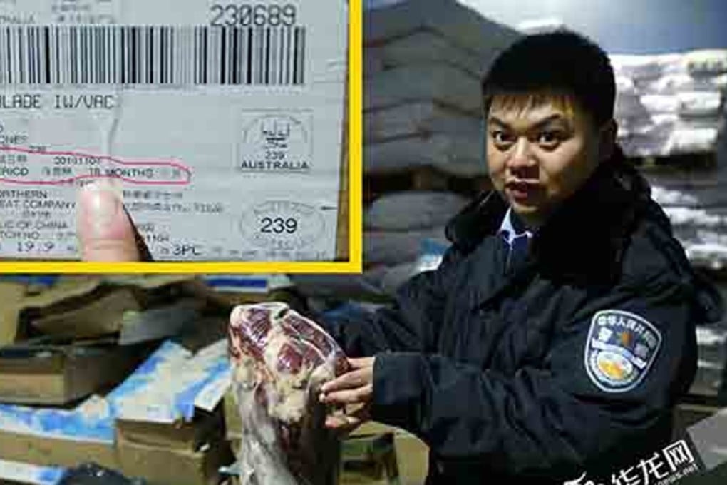 A food inspector with a batch of beef that was found to have exceeded its expiry date. Photo: Weibo