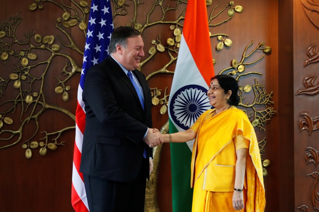 US Secretary of State Mike Pompeo meets India’s Foreign Minister Sushma Swaraj in New Delhi. Photo: Reuters