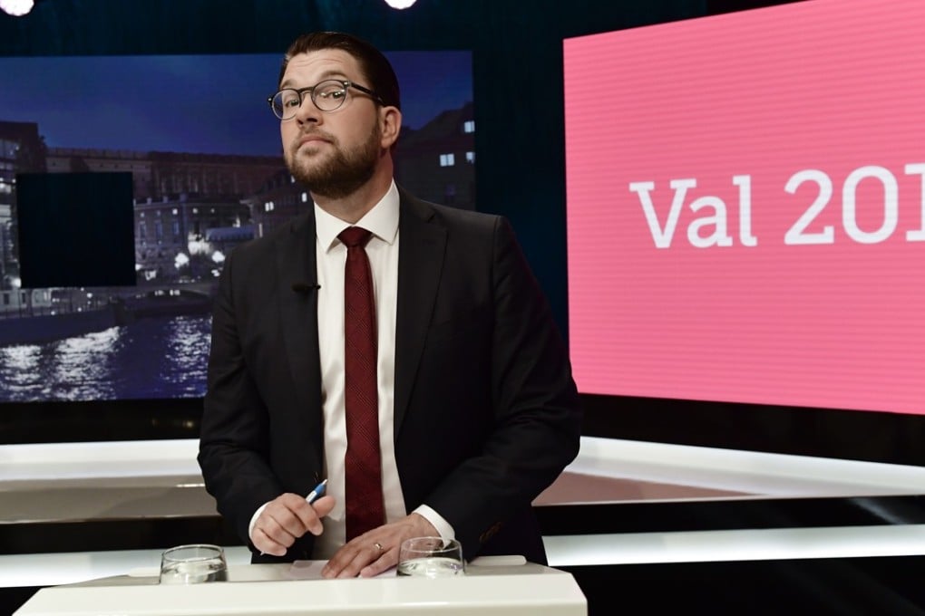 Jimmie Akesson of the opposition Sweden Democrats during a party leader debate on September 7, 2018. Photo: EPA