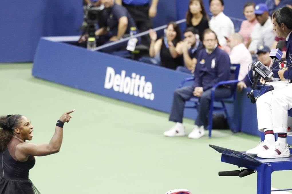Serena Williams launches her tirade at chair umpire Carlos Ramos on her way to losing the US Open final to Naomi Osaka of Japan. Photo: EPA