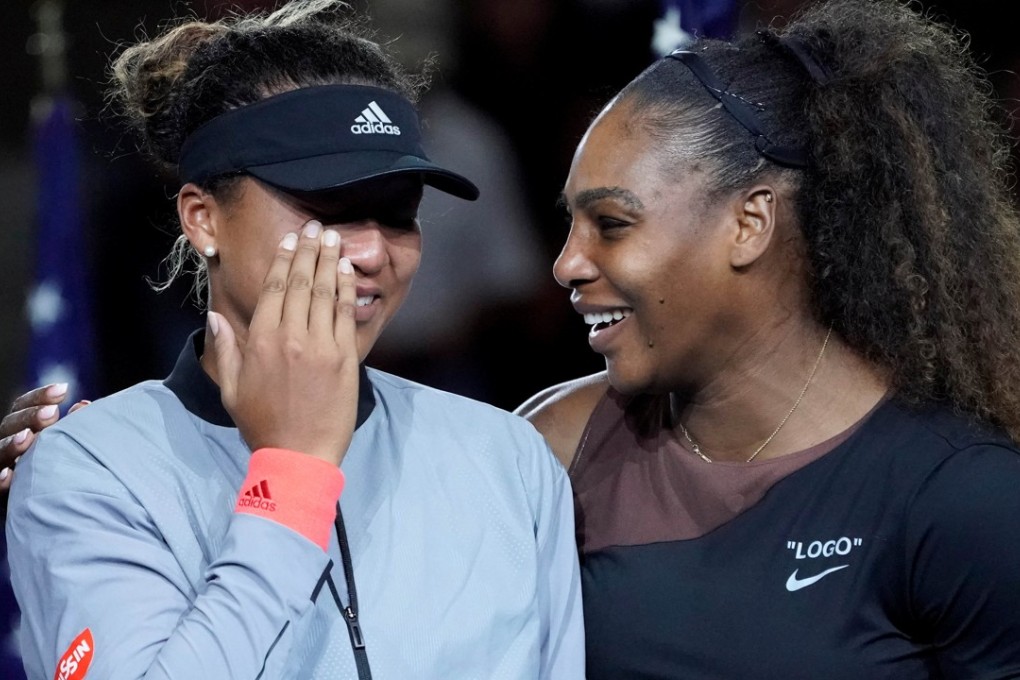 Naomi Osaka of Japan (left) cries as Serena Williams of the USA comforts her during the trophy ceremony of the 2018 US Open. Photo: USA Today