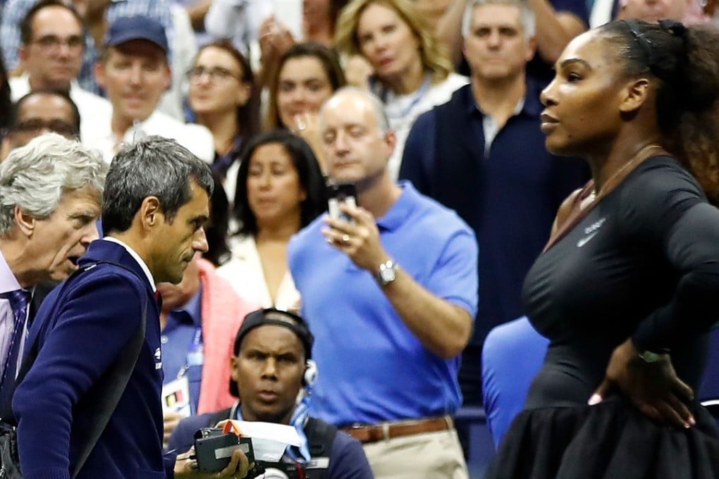 Serena Williams looks on after her defeat in the US Open women’s singles final to Naomi Osaka as umpire Carlos Ramos leaves the court. Photo: AFP