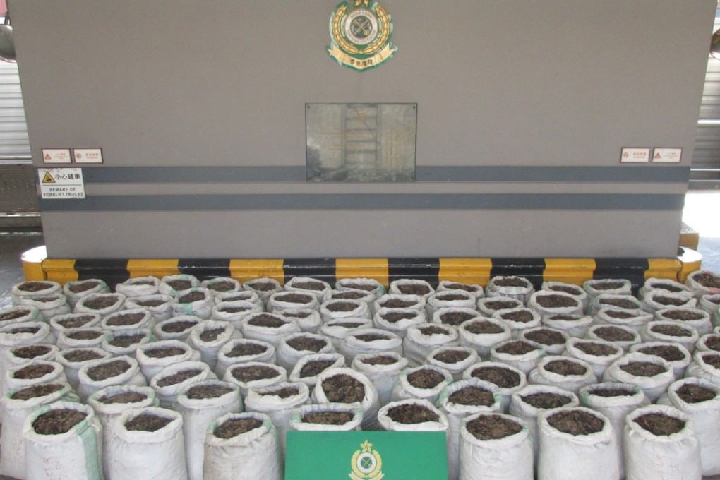 A hidden shipment of pangolin scales with an estimated market value of HK$3.55 million, seized by Hong Kong customs in July from a shipping container en route from Africa to mainland China. Photo: Handout