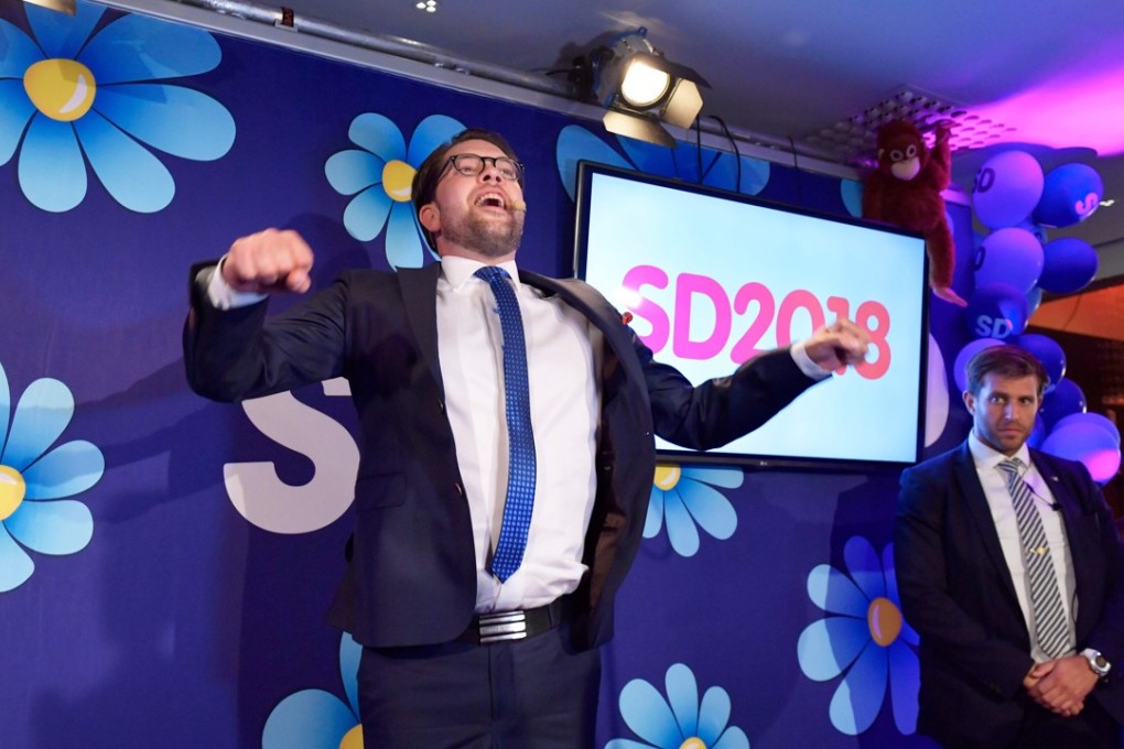Jimmie Akesson of the Sweden Democrats speaks at the election party at the Kristallen restaurant in central Stockholm on Sunday. Photo: Agence France-Presse