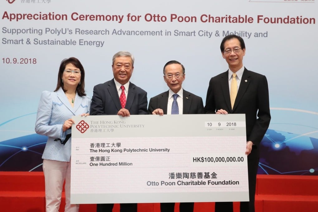 (From left) PolyU Foundation chairwoman Dr Katherine Ngan, Chan Tze-ching, Otto Poon and university president Professor Timothy Tong at an appreciation ceremony. Photo: Handout