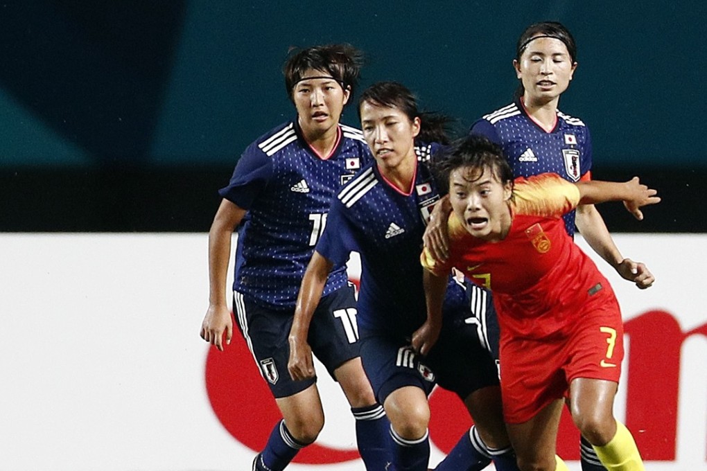 Wang Shuang of China battles with Japan players in the 2018 Asian Games women’s football final. Photo: Reuters