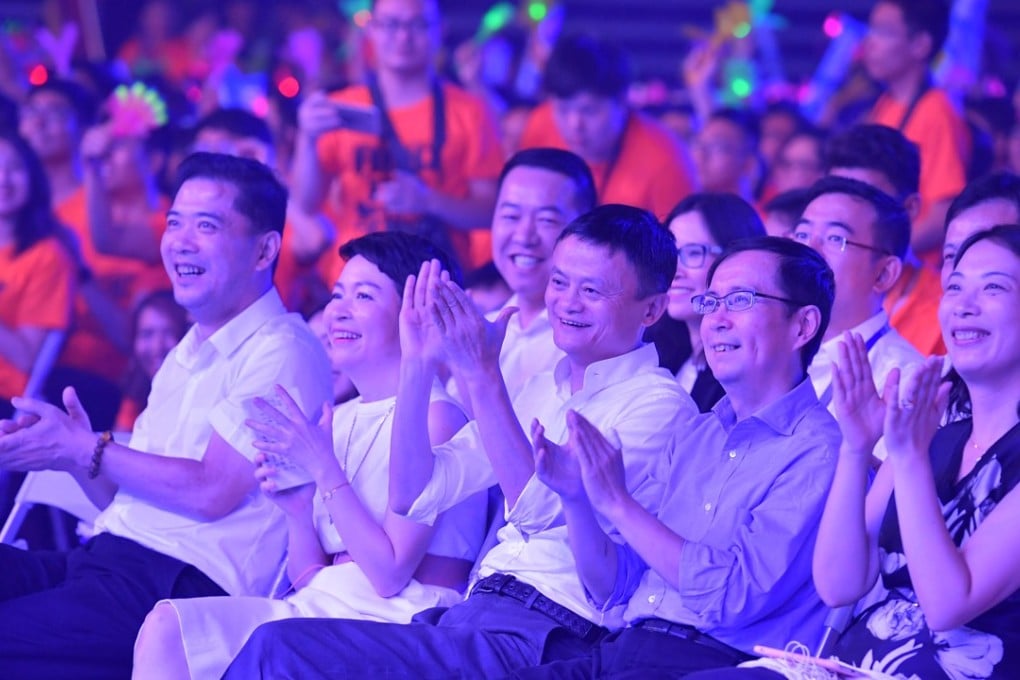 Senior executives of the Alibaba Partnership at a philanthropy event on September 10, 2018, including group Secretary-General Shao Xiaofeng (first left), Wholesale Marketplace President Trudy Dai (second left), Executive Chairman Jack Ma (centre), Chief Executive Officer Daniel Zhang (second right), Chief People Officer Judy Tong (first right). Photo: SCMP/Alibaba Handout