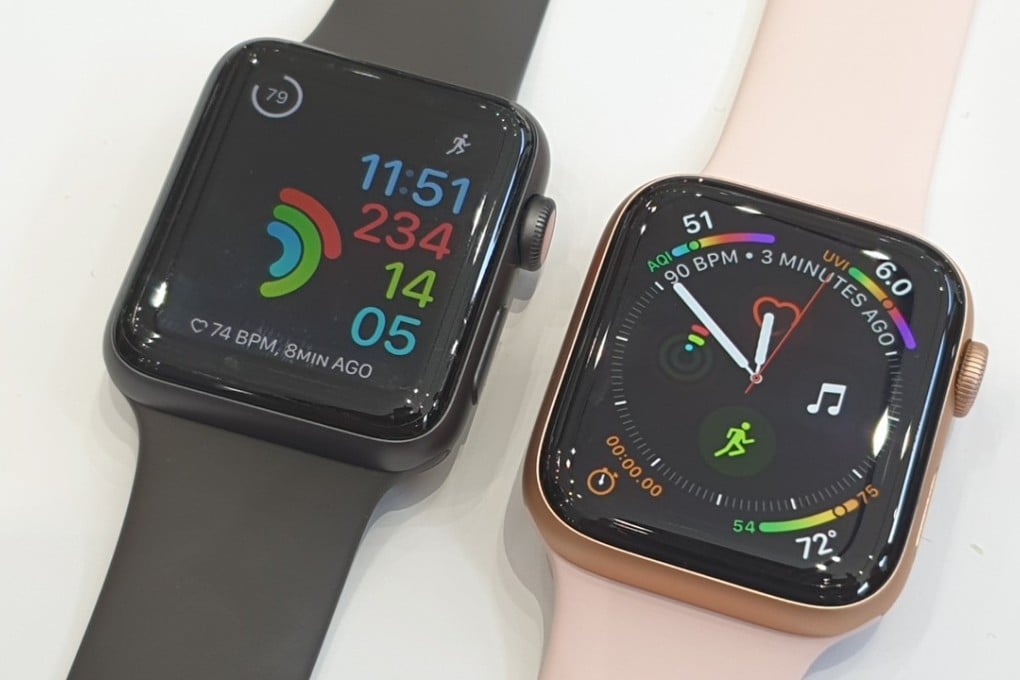 The Apple Watch Series 4 (44mm, left) next to the Apple Watch Series 3 (42mm). Photo: Ben Sin