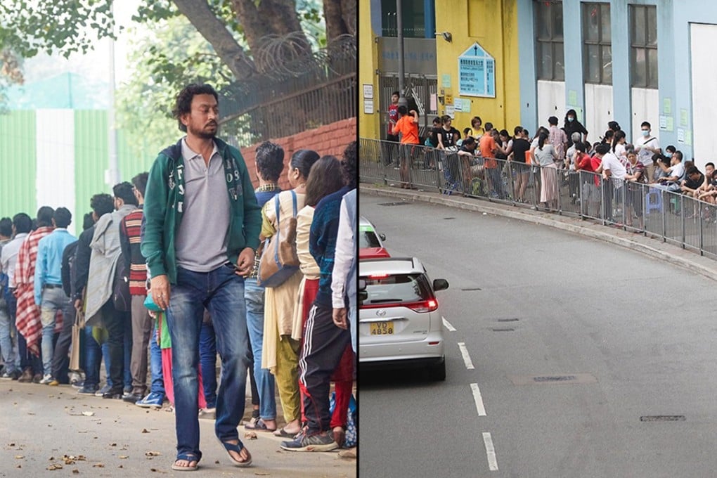 Lead actor Irrfan Khan joins parents queuing for school admissions in “Hindi Medium” (left), and Hong Kong parents line up for primary school application forms in June. Photo: Edward Wong