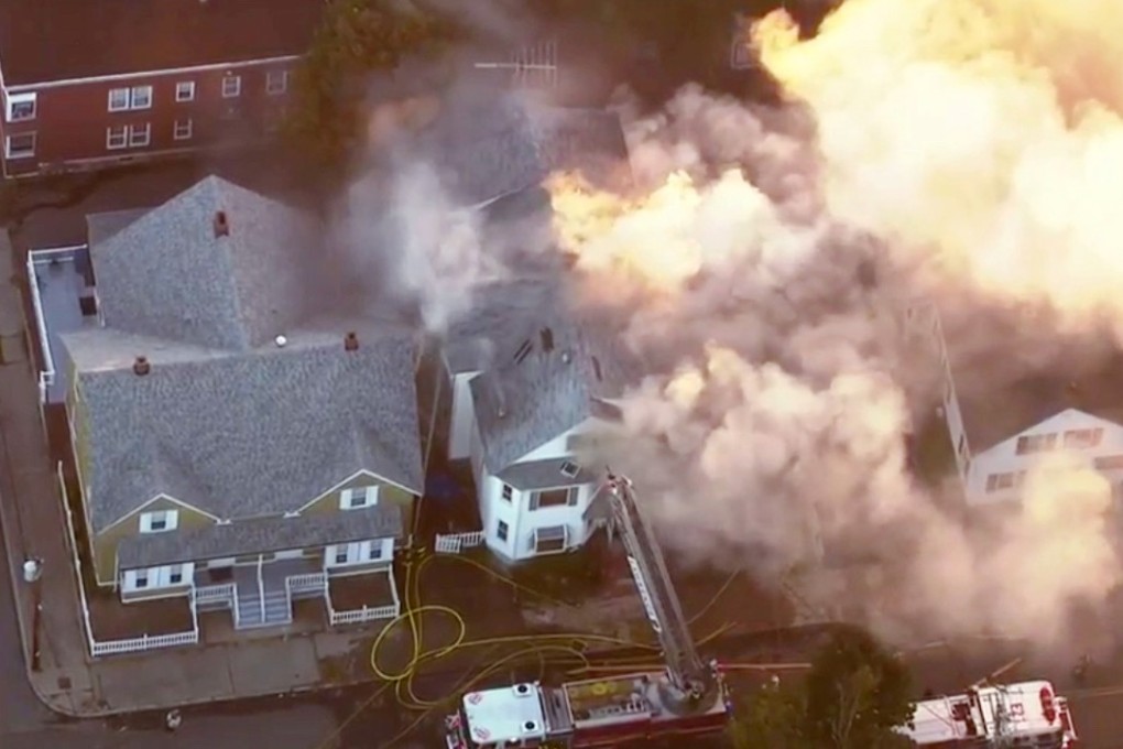 In this image take from video provided by WCVB in Boston, firefighters battle a large fire in Lawrence, a suburb of Boston, on Thursday. Photo: WCVB via AP