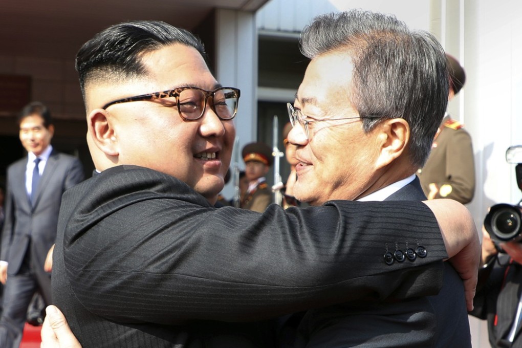 North Korean leader Kim Jong-un (left) and South Korean President Moon Jae-in after their meeting at the northern side of Panmunjom in North Korea in late May. Photo: AP