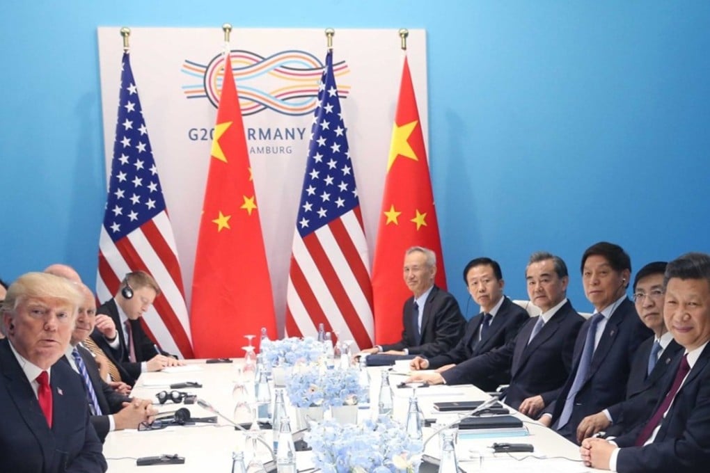 Chinese President Xi Jinping and his team during a July 8, 2017 meeting in Hamburg, Germany with President Donald Trump and the US team. Liu He was seated to Xi’s extreme right on the Chinese side of the table. Photo: Xinhua