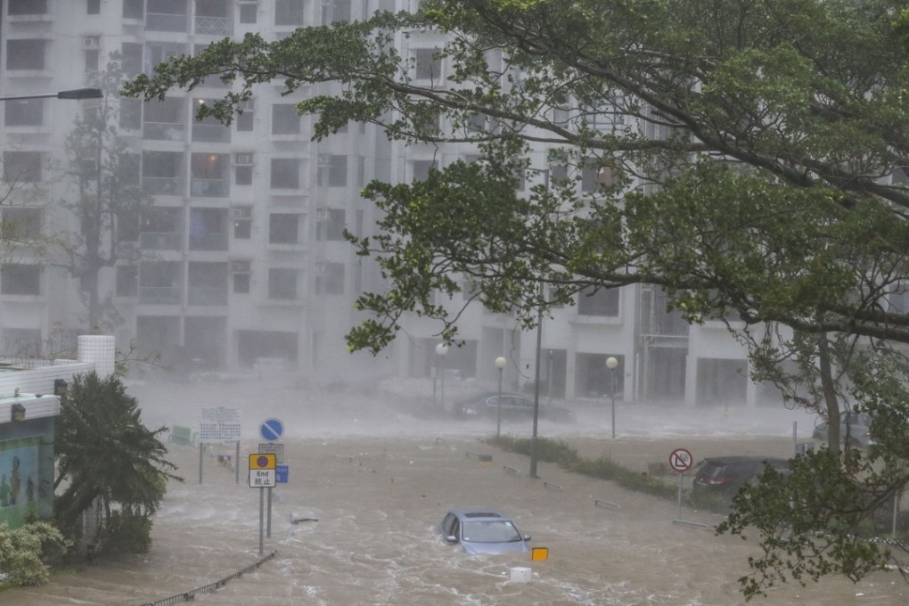Strong winds and waves hit Heng Fa Chuen, causing floods. Photo: Sam Tsang