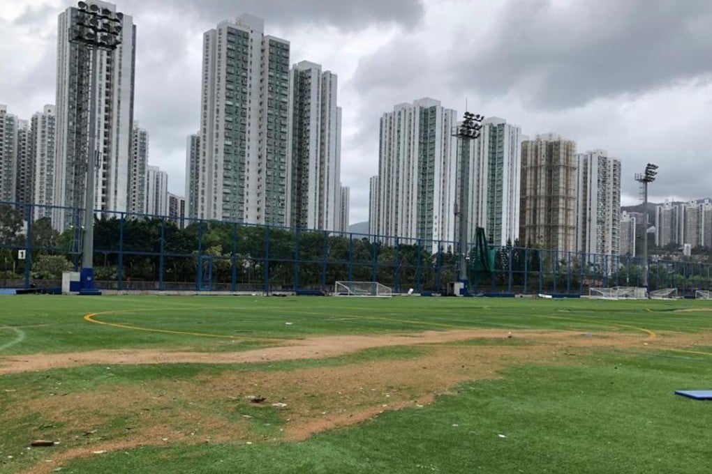 Post-Typhoon Mangkhut damage to the pitch at the HKJC Kitchee Training Centre in Shek Mun. Photo: Chan Kin-wa