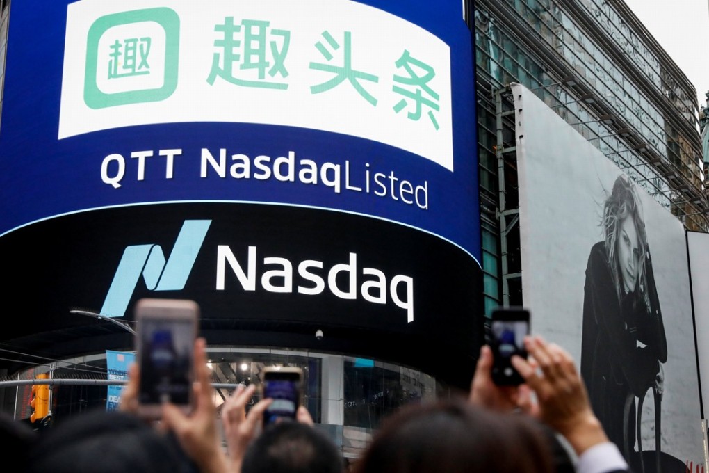 Qutoutiao’s logo is displayed on a screen at the Nasdaq MarketSite in New York City, following the stock’s debut last Friday. Photo: Reuters