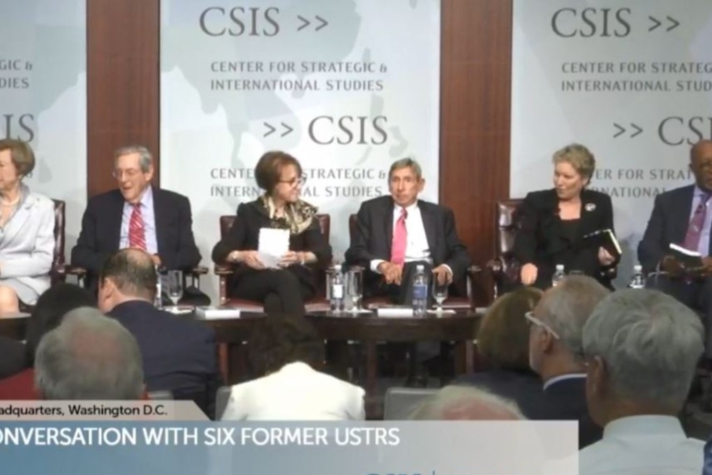 From left, former United States Trade Representatives Carla Hills, William Brock, Charlene Barshefsky, Michael Kantor, Susan Schwab and Ronald Kirk at the Centre for Strategic & International Studies in Washington on Monday. Photo: Facebook