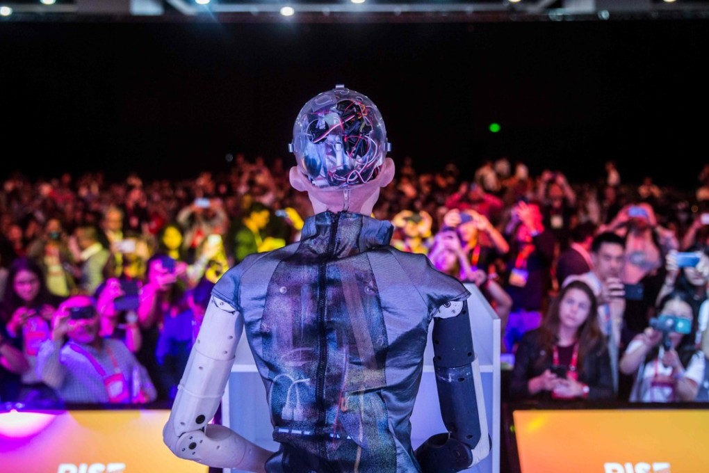 Sophia the Robot is seen on stage before a discussion by its developer, Hanson Robotics, about artificial intelligence (AI) at the RISE technology conference in July this year. AI is dramatically accelerating the automation of factories and taking over routine tasks, such as customer service or telemarketing. Photo: Agence France-Presse