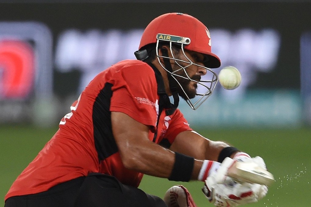 Hong Kong’s Anshuman Rath plays a shot against India. Photo: AFP