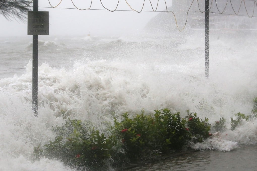 Typhoon Hato, the previous signal 10 storm to hit Hong Kong, whips up waves into the Heng Fa Chuen seafront on August 23, 2017. Photo: David Wong