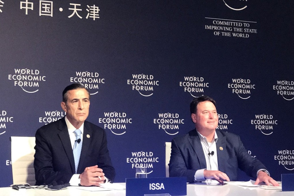 From left: US Republican Senators Darrell Issa and Todd Rokita used their impromptu press conference at the World Economic Forum to demand action not words from China to end the trade war. Photo: Wendy Wu