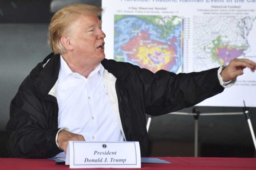 US President Donald Trump speaks at Marine Corps Air Station Cherry Point, North Carolina on Wednesday. Trump arrived in North Carolina to tour areas of the state pummeled by Hurricane Florence. Photo: AFP